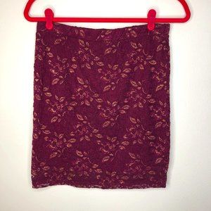 XXI Burgundy Lace Lined Pencil Mini Skirt With Gold Floral Accent Stretch Waist